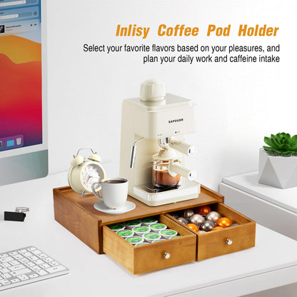 Inlisy 15.8"L X 11.8"W X 4"H Wooden K cup Storage, Keurig Stand With Storage, Coffee Pod Holder Organizer, Desktop Kitchen Storage with 2 Drawers, 30/40/60 Pod Capacity, Natural