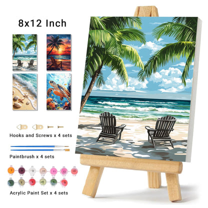 4 Pack Framed Paint by Numbers Kit for Adults Beginner Canvas Painting by Numbers for Adults Beach Easy Adult Paint by Number Kits with Frame Sea Turtle Watercolor Painting by Number 8x12 Inch