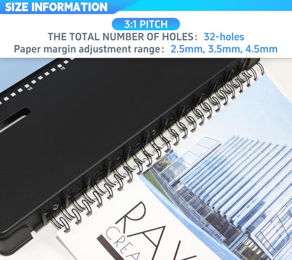 Rayson TD-132 Wire Binding Machine, 32-Hole Spiral Coil Binder, 3:1 Pitch, Punches 12 Sheets, Binds up to 120 Sheets, Sturdy Metal Construction