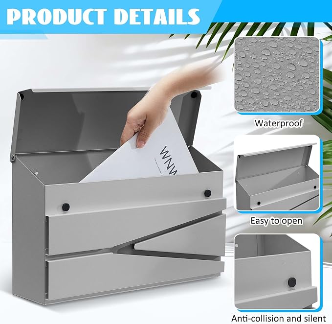 Yaocom Wall Mount Mailbox Large Capacity Mailbox for Outside Galvanized Steel Rustproof Metal Mail Drop Post Modern Collection Box Postbox 15.75" x 9.84" x 4.33", No Key Locking (Grey,No Flag)