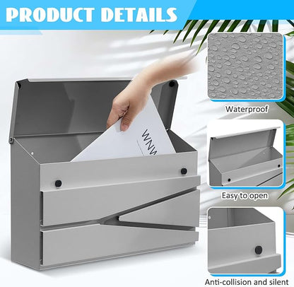 Yaocom Wall Mount Mailbox Large Capacity Mailbox for Outside Galvanized Steel Rustproof Metal Mail Drop Post Modern Collection Box Postbox 15.75" x 9.84" x 4.33", No Key Locking (Grey,No Flag)