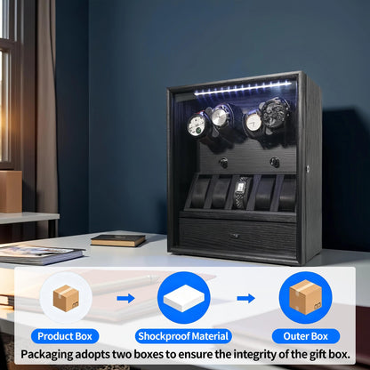 Oryx 4 Watch Winder for Automatic Watches, Rotating Watch Box 5 Rotation Modes Display Case with Extra Watches Holders and Jewelry Storage, Lockable Winders White Light USB/AC Powered Mabuchi Motor
