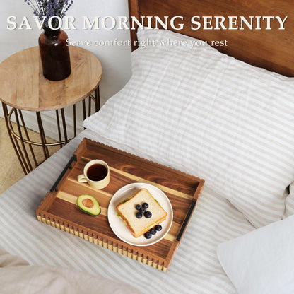 Cathyeen Acacia Wood Decorative Serving Tray with Handles, 16.7" x 12.8" Large Wooden Ottoman Tray for Living Room, Coffee Table Tray Decor for Food, Dinner, Tea or Breakfast in Bed (Natural)