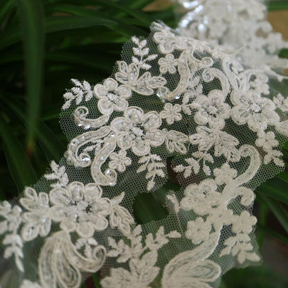 G-RUI 6cm*2yards Ivory White Luxury Beaded Embroidery Flower lace Appliques for Wedding Dresses Rhinestone Applique Patches Embroidery lace parches ropa (Off White Color)…