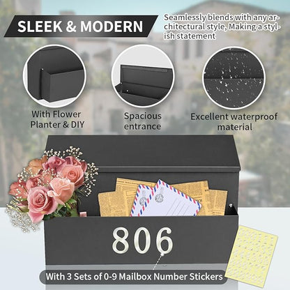 Ydocabinit Wall Mount Mailbox, Large Capacity for House, Outside, with 3 Sets of 0-9 Number Stickers & Flower Planter, Galvanized Steel Rust-Proof Metal Post Drop Box, 15.74"×9.84"×6.41" Black
