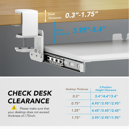 AX WABER Keyboard Tray Under Desk Pull Out with Extra Sturdy C Clamp Mount System, 27.3 (32.5 inch Including Clamps) x 11 Inch Slide-Out Platform Computer Drawer for Typing White AX01WW01