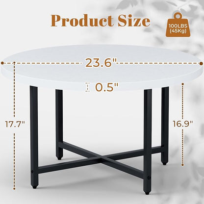 FAMIDGE Round Coffee Table, Small Coffee Tables for Living Room, Low Wood Coffee Table with Metal Frame, Floor Table Desk for Sitting on The Floor, Home, Office, White(23.6" D x 17.7" H)