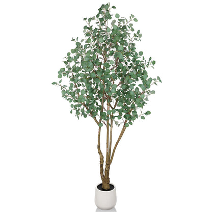 Artificial Eucalyptus Trees with White Planter, 8 FT Faux Eucalyptus Plants Indoor Tall Fake Floor Trees with Silk Leaves and Thick Trunk for Living Room Bedroom Corner Home Office Decoration
