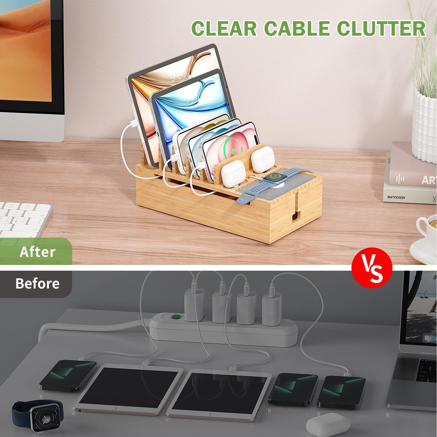 Pezin & Hulin Bamboo Charging Stand Rack, Wooden Charge Box for Mobile Phones, Tablets, Smart Watch and Earbuds, Wire Cable Organizer Box, Bedside Dock Stand Holder (NO Power Adapter Supply) -Natural
