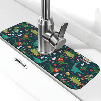 Christmas Dinosaur Tree Xmas Green Kitchen Sink Splash Guard Faucet Mat 1 Pcs