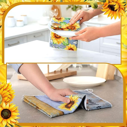 Bencailor 4 Pcs Sunflower Kitchen Towels Farmhouse Wood Grain Hand Dish Towels