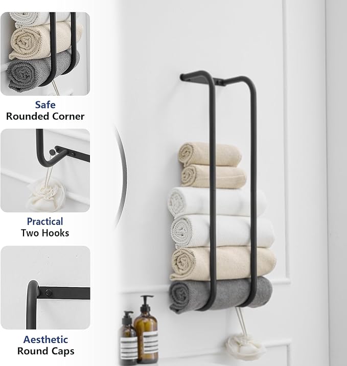 BWE Towel Racks for Bathroom Wall Mounted, Bathroom Towel Storage for Rolled Towels, Stainless Steel Vertical Towel Holder, Bathroom Organizer Black