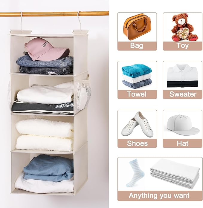 MAX Houser 4 Tier Shelf Hanging Closet Organizer, Space Saver, Closet Hanging
