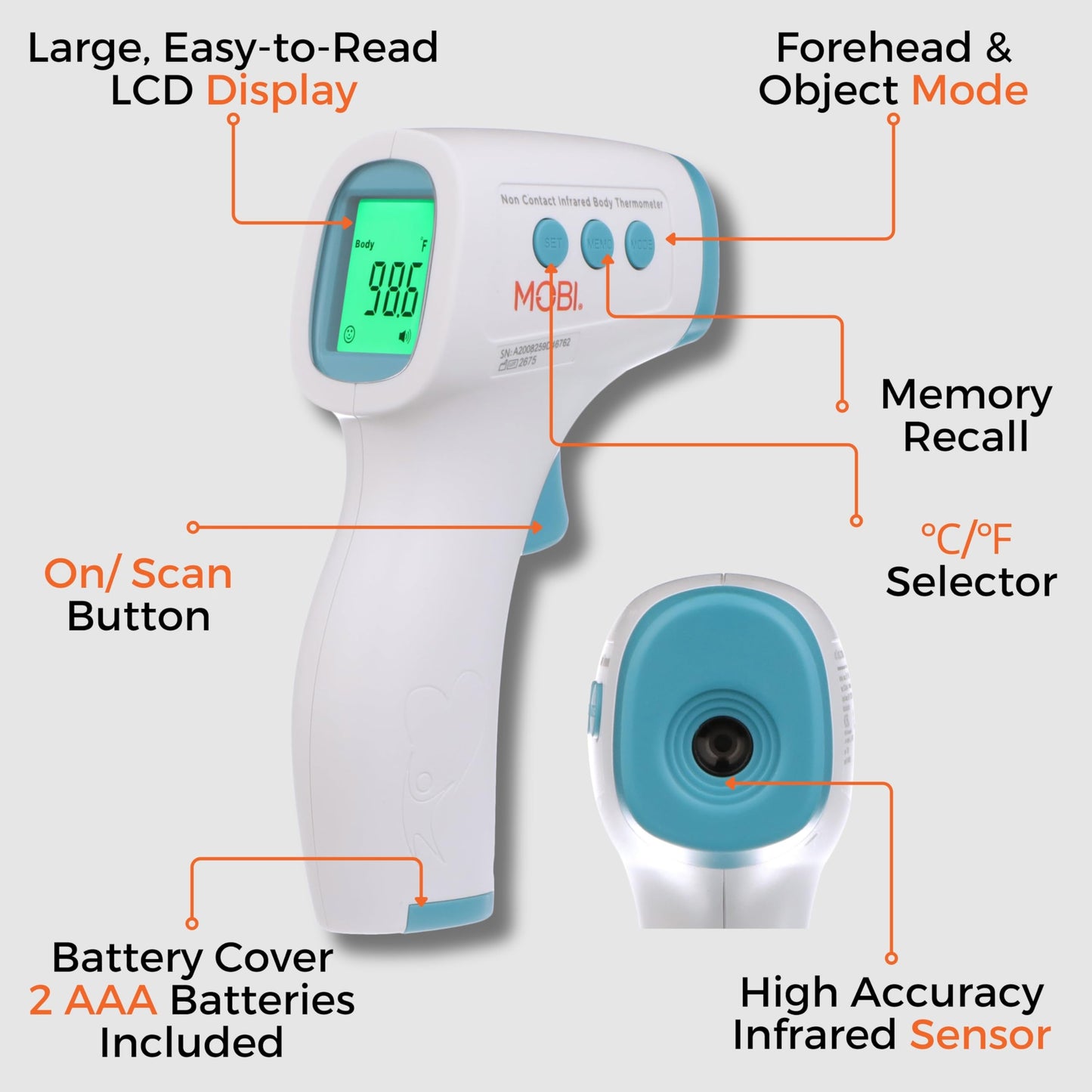MOBI - Non-Contact Forehead Digital Thermometer with Object Temperature Mode - Touchless with High Fever Indicator - No Touch Thermometer for Baby, Kids, & Adults - Intrusive Free Readings