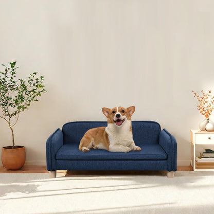 Big Sized Dog Bed -Wooden Frame Pet Sofa Couch, Washable Cushion Cat Couch, Linen Fabric Dog Sofa and Chair for Medium Pet Rest. (Blue)