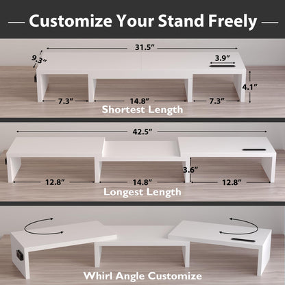 BONTEC Dual Monitor Stand Riser, Adjustable Length & Swivel Angle, Ergonomic Wooden Desktop Organizer with Smartphone Holder, Computer Monitor Stand for PC Monitor, Laptop, Printer, Large Storage
