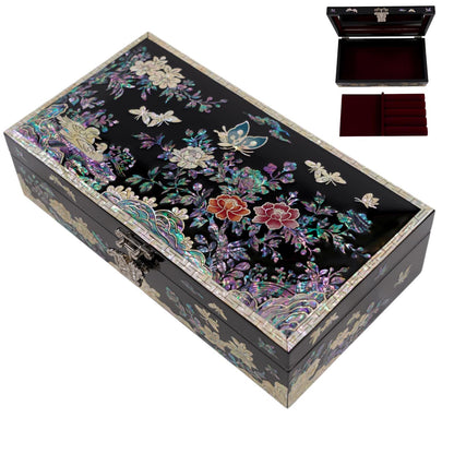 February Mountain Mother of Pearl Jewelry Organizer box - Handmade Large Wooden Box Romantic Anniversary Birthday Gifts for women (Butterflies in Peony Garden)