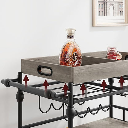 GarveeHome Bar Cart with Wheels, 3-Tier Serving Cart for Home, Mobile Rolling Beverage Cart with Wine Rack and Removable Tray for Kitchen, Dining, Living Room, 35.4" x 15.7" x 34.1", Grey