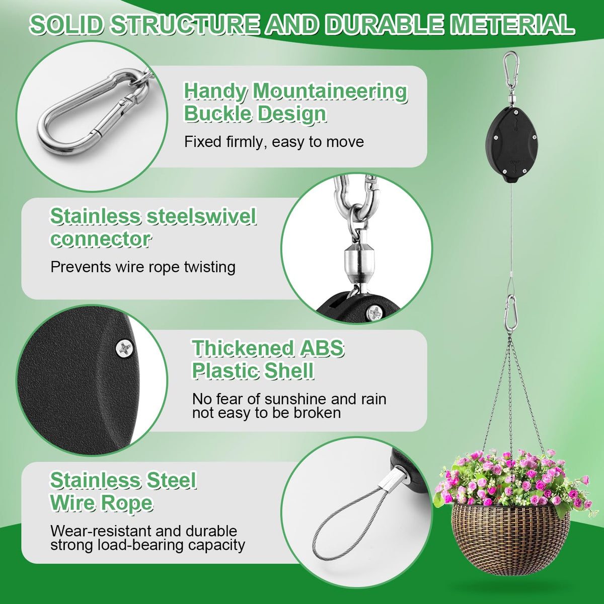 3 Pack Heavy Duty Retractable Plant Hangers Adjustable Pulleys with 63" Pull-Down Design Stainless Steel Rope Double-Headed Hooks for Hanging Baskets Bird Feeders Planters and Pots Supports up to 45lb