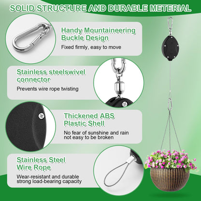 3 Pack Heavy Duty Retractable Plant Hangers Adjustable Pulleys with 63" Pull-Down Design Stainless Steel Rope Double-Headed Hooks for Hanging Baskets Bird Feeders Planters and Pots Supports up to 45lb