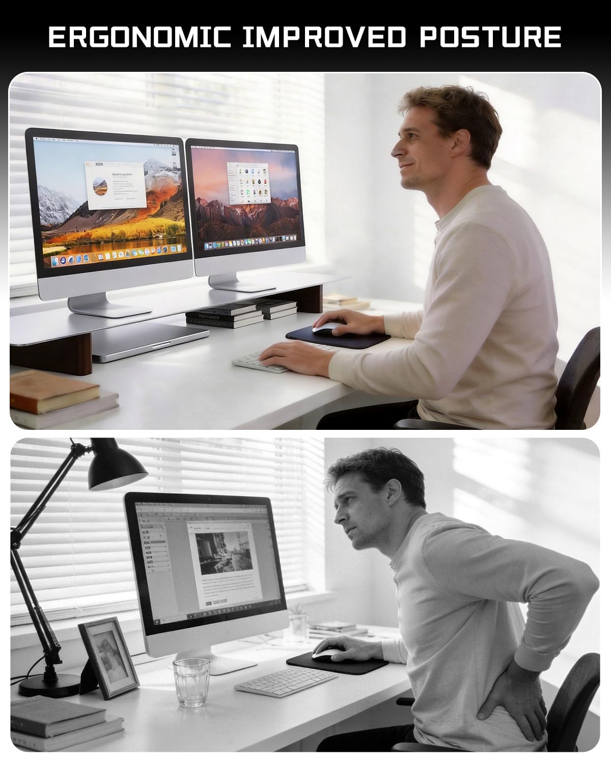 CHENOMiNL Aluminum Dual Monitor Stand Riser, Ergonomic Desktop Shelf with Wooden Legs - 42.5” Wide Heavy Duty Computer Stand for Home Office, Desktop Monitor Riser for PC, iMac, MacBook, Laptop