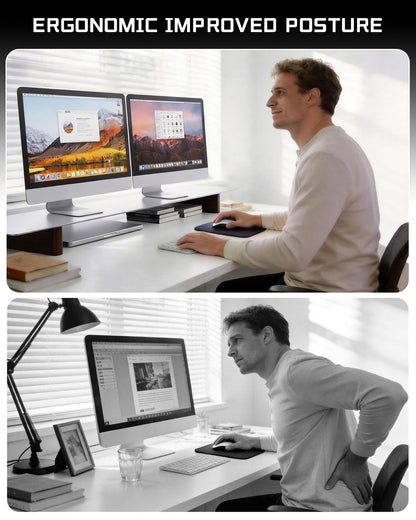 CHENOMiNL Aluminum Dual Monitor Stand Riser, Ergonomic Desktop Shelf with Wooden Legs - 42.5” Wide Heavy Duty Computer Stand for Home Office, Desktop Monitor Riser for PC, iMac, MacBook, Laptop