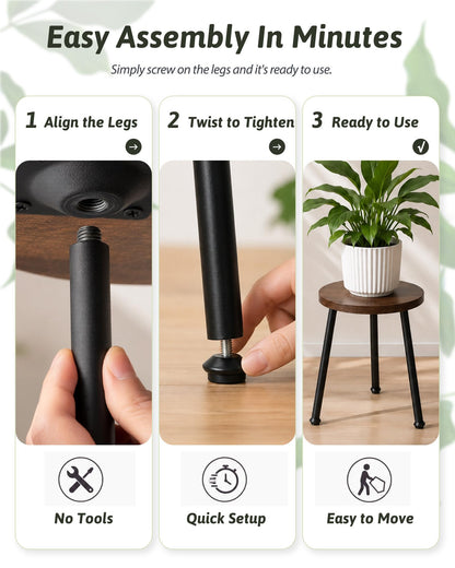 GENTINGBRO 5 Pack Wood Plant Stands Indoor, Round Plant Stool Set with Iron Legs, Heavy Duty Plant Stand Table, Wood and Metal Flower Pot Stand for Living Room, Bedroom, Balcony, Brown/Black