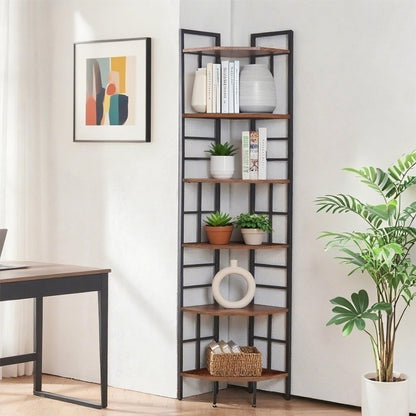 HOMISSUE Corner Shelf, 6 Tier Tall Narrow Bookshelf 76.9", Industrial Corner Bookcase with Storage for Home Office Living Room and Bedroom, Rustic Brown