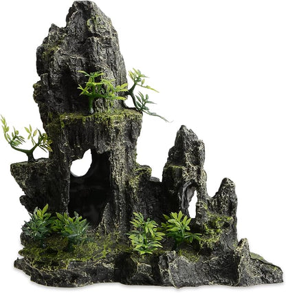Saim Large Aquarium Mountain View Stone 11.02" Tall Resin Cave Ornament – Betta Hideout with Artificial Plants, for Cichlids Goldfish, Multi-Cave Aquascape Fish Tank Accessories