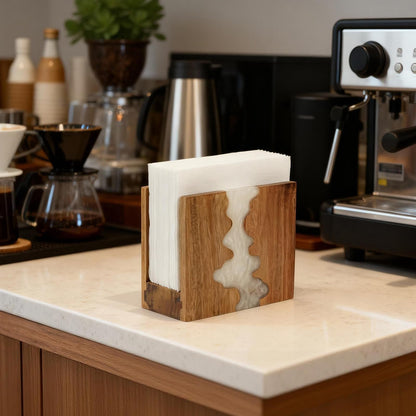Acacia Wood Napkin Holder for table, Handmade Epoxy Resin Tissue Box Holder with Unique Wave Design & 3CM Sturdy Base for Kitchen Table, Dining Room Decor,counter tops or outdoors