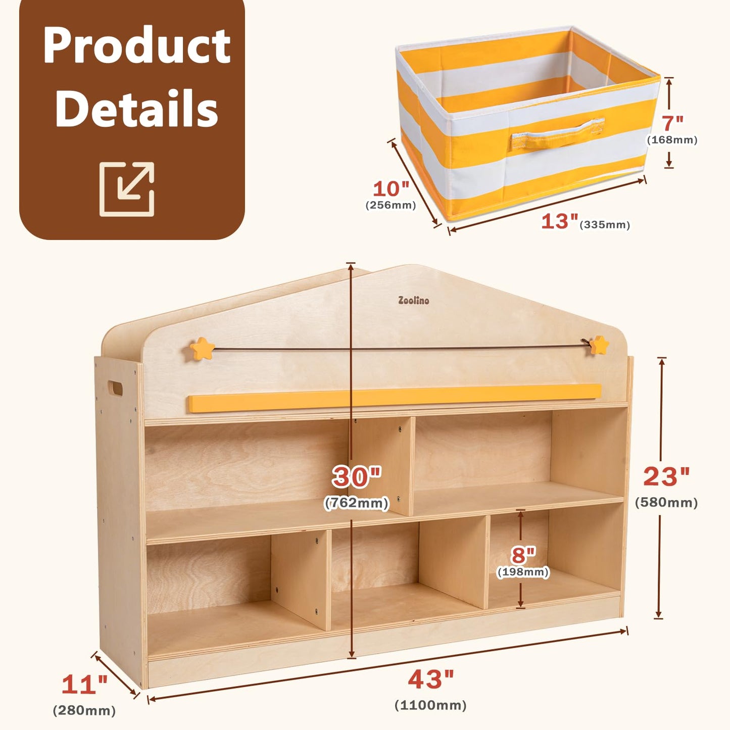 Zoolino Kids Toy Storage Organizer with Bookshelf, Wooden Montessori Playroom Furniture with 3 Removable Bins & Anti-Tip Kit, Toddler Storage Cabinet for Rooms, Playroom, Kindergarten, Natural