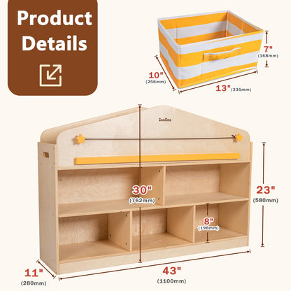 Zoolino Kids Toy Storage Organizer with Bookshelf, Wooden Montessori Playroom Furniture with 3 Removable Bins & Anti-Tip Kit, Toddler Storage Cabinet for Rooms, Playroom, Kindergarten, Natural