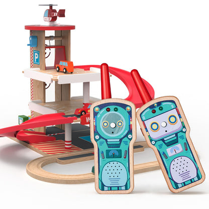 Letoiz Toy Car Garage with Rails, Wooden Parking Garage Toy Playset w/Elevator & Robot Walkie Talkie for Kids, 2 Pack Wooden Handheld Walkie-Talkie for Boys and Girls