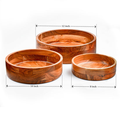 Wooden Acacia Round Bowl Set of 3 (12″,10″,8″), Wooden Salad Bowls-Multi-Purpose, Kitchen, Dining, Serving Food, Salads, Fruits - Handmade, Decorative, Rustic, Eco-Friendly, Food-Safe, Wood Serveware