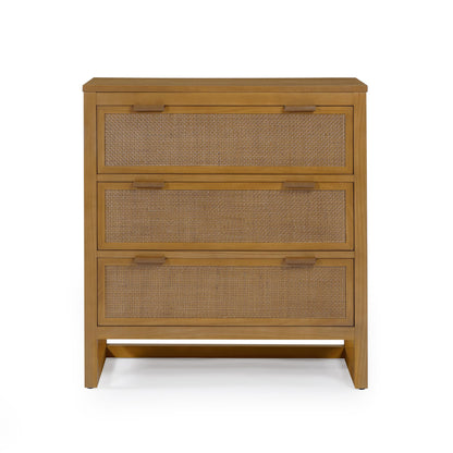 Teamson Home Hatteras 30'' W 3-Drawer Dresser with Rattan Inset Panels, Solid Pine Wood Frame and Acacia Veneer Plus Anti-Tip Kit Included, Coastal Modern Style, Natural Finish