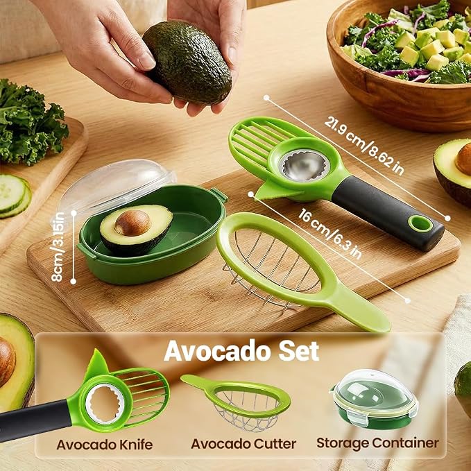 3 in1 Avocado Tool Split, Pit, and Slice, Avocado 3 Piece Set, Includes Avocado Slicer, Cutter and Airtight Storage Container,Kitchen Gadget (3 piece set)