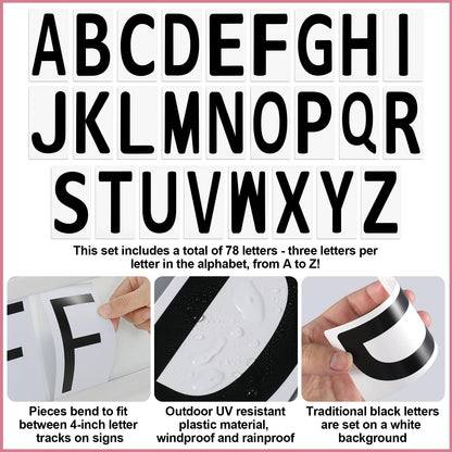 Resurhang 156 Pcs Replacement Letters for White Message Board Sidewalk Signs Outdoor Plastic Changeable Letters for Yard Signs with 4 Inch Tracks, from A to Z Black on White Background