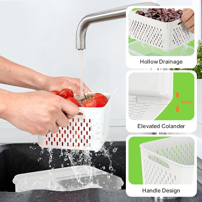 Fruit Storage Containers with Vent Holes and Colander - 4 Pack, BPA-Free Clear Plastic Food Storage Boxes with Airtight Lids for Refrigerator Fridge Vegetable Produce Organizer - Purple