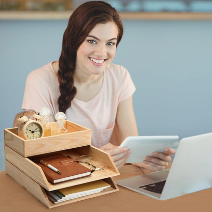 Beeveer 3 Pcs Wooden Letter Tray Wood Letter-Size Desk Organizer Heavy Duty 3 Tier Stackable Support Paper Tray Tabletop Inbox Drawer Desktop File Folder Magazine Office Back to School(Light Brown)