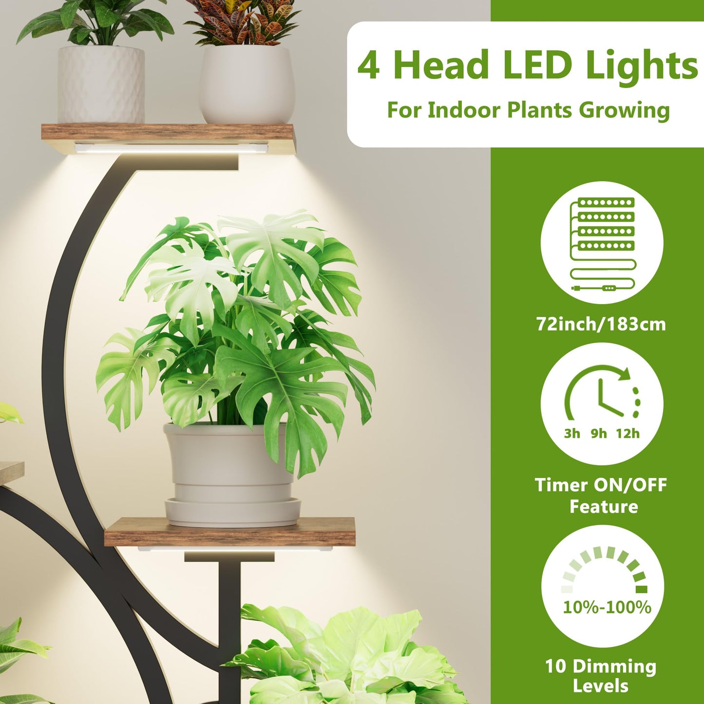 Plant Stand Indoor with Grow Light: Lighted Plant Stands 56.5" Tall, 9 Tiered Large Plant Shelf for Indoor Growing, S-Shaped Flower Holder Display for Multiple Plants, Living Room, Patio (Black)