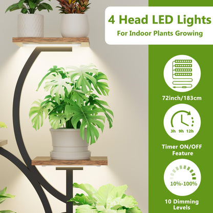 Plant Stand Indoor with Grow Light: Lighted Plant Stands 56.5" Tall, 9 Tiered Large Plant Shelf for Indoor Growing, S-Shaped Flower Holder Display for Multiple Plants, Living Room, Patio (Black)
