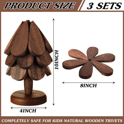 Suzile 2 Set Wooden Trivets - Tree Shape Foldable Heat Resistant Pads for Teapot Pans Bowl Kitchen (3 Layers)