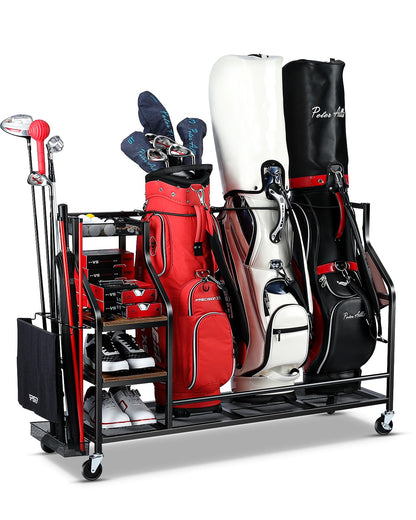 FHXZH Golf Bags Storage Garage Organizer Golf Bag Stand for Golf Bags, Clubs, Balls, Golf Equipment Accessories, Golf Bag Storage Rack with Wheels for Garage, Club, Basement (3 Golf Bag Organizer)