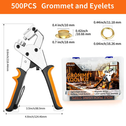 GTAAOY Heavy Duty Grommet Tool Kit, 1000Pcs 3/8 Inch Eyelet Press Pliers(10mm), Manual Handheld Puncher Set for Banner DIY Tarp Ring Repair and Installation(250set Silver + 250set Gold)