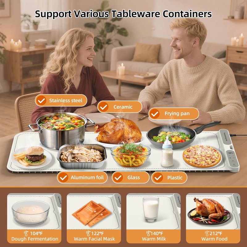 Budsom Food Warming Mat - 8s Fast Heating Electric Warming Tray with 7-Level Temperature & 8-Hour Timer, Roll-Up Portable Food Warmer for Home Dinner, Party, Travel, Outdoor Picnic (Extra Large)