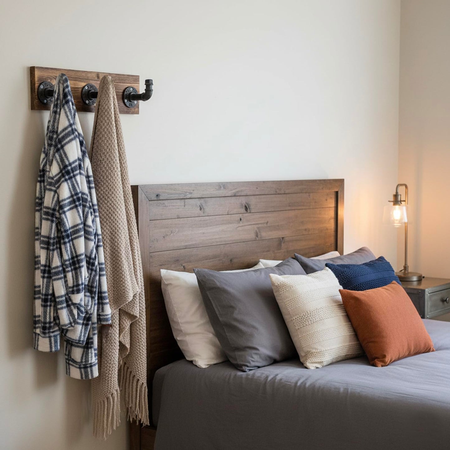 MyGift Burnt Wood Wall Mount Coat Hook Rack and Hat Rack with 3 Hooks Pipe Fixture Design