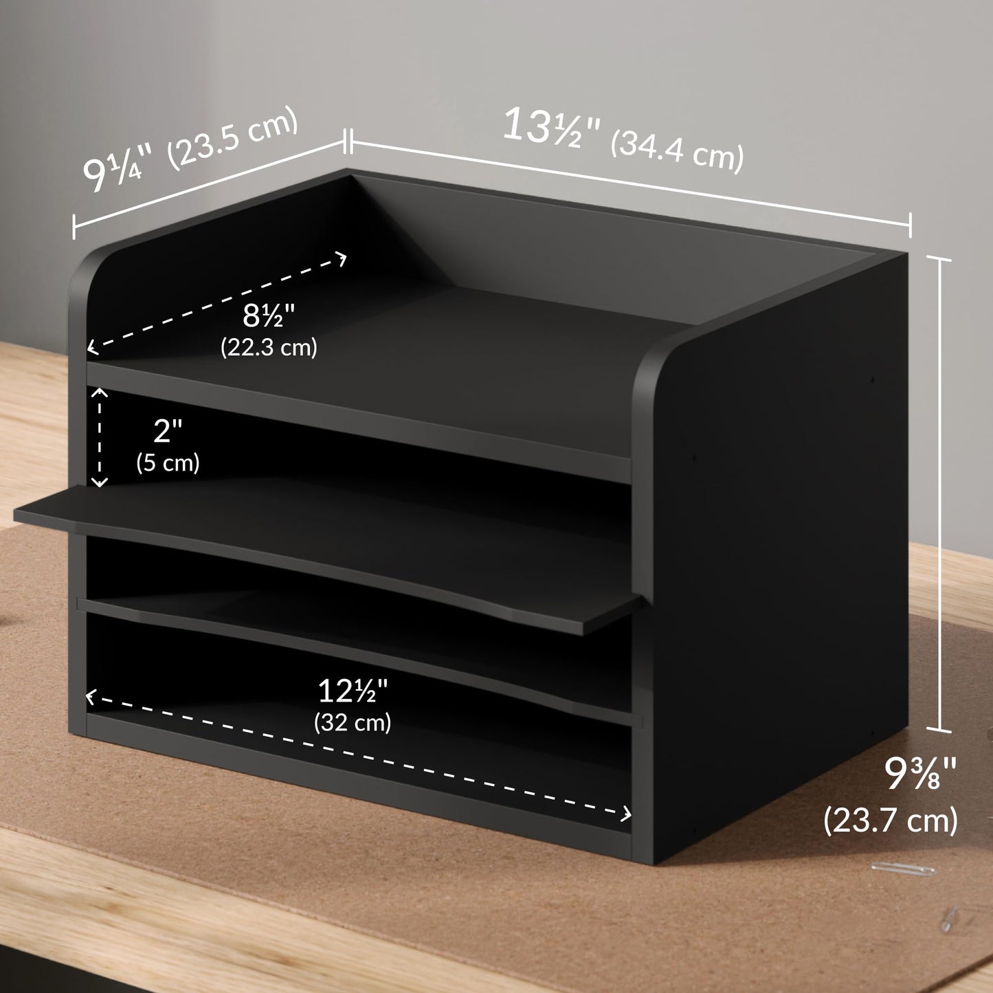 Ballucci File Organizer, 4-Tier Office Desk Organizer, Open Top Wood Paper Organizer for Classroom, Mail Sorter Paper Tray with Adjustable Storage Shelves, Black