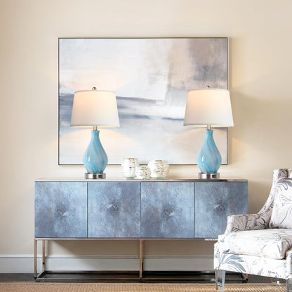 Modern Accent Table Lamp Set of 2 Touch Control, 22" Faded Swirl Blue Gray Art Glass Bedside Lamp with USB Ports, 3-Way Dimmable Hand Crafted Nightstand Lamps White Drum Shade for Living Room Bedroom