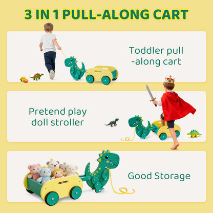 Wooden Walking Pull Along Wagon for Kids Dinosaur Toys Car Rolling Cart for Toddlers Montessori Toys Gift for 1 2 3 4 Years Old Boys Girls