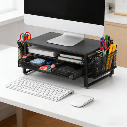 2-Tier Monitor Stand with Drawer, Laptop Stand with Storage for Desk, Heavy Duty Iron Computer Stand Riser & Desk Organizer with Drawers, Home Office Mesh Shelf for Monitor up to 32 Inch (Black)